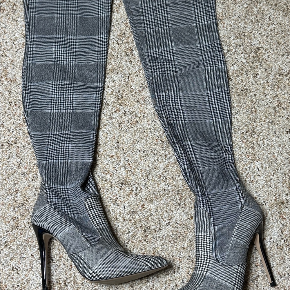 Shoe Dazzle Gray Plaid Over the Knee Stiletto Boots